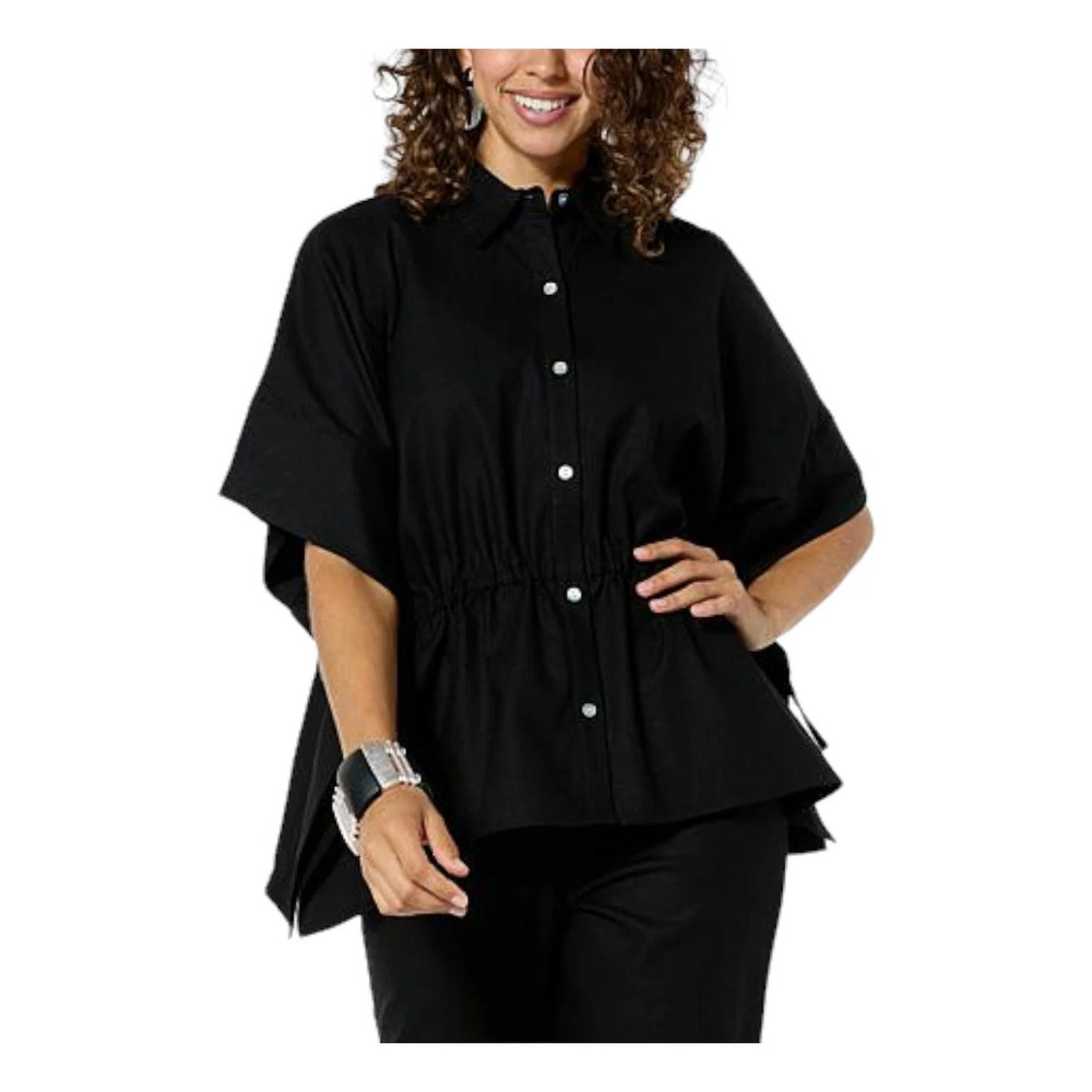 WynneCollection Linen Blend Button-Front Poncho Black - Regular